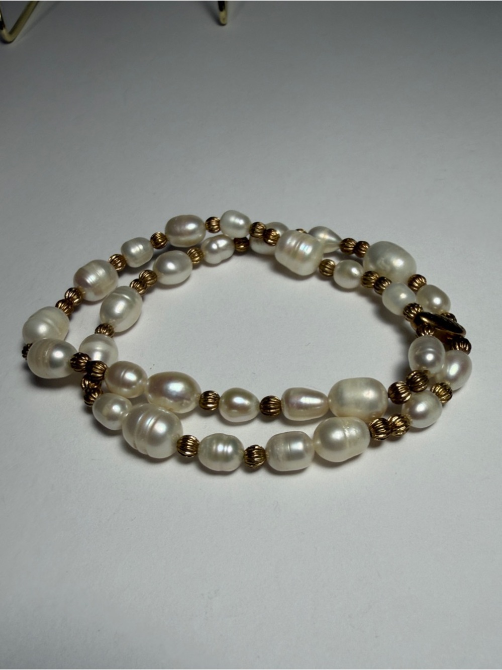 Vintage Signed Monet Faux Pearl and Gold Bead Double-Strand Bracelet